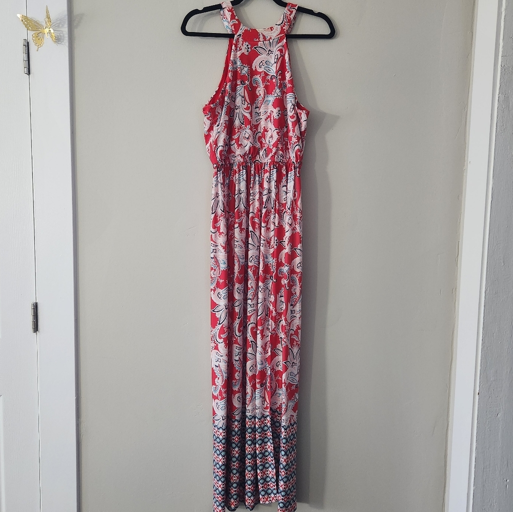Trixxi Halter Dress Floral Multicolor Medium Stretch Maxi Side Slit Leg